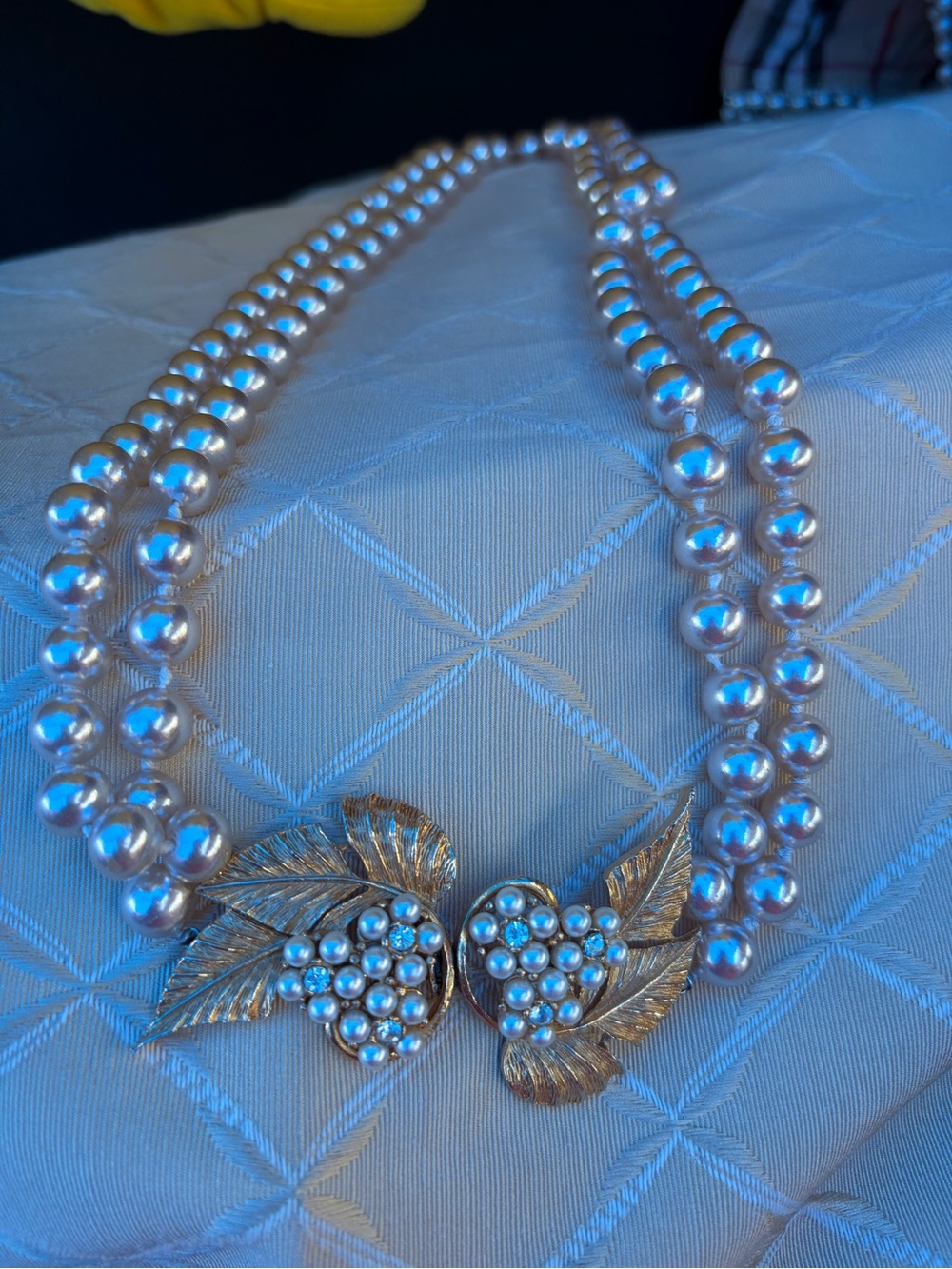 Vintage Double Strand Faux Pearl Necklace with Gold Leaf Cluster